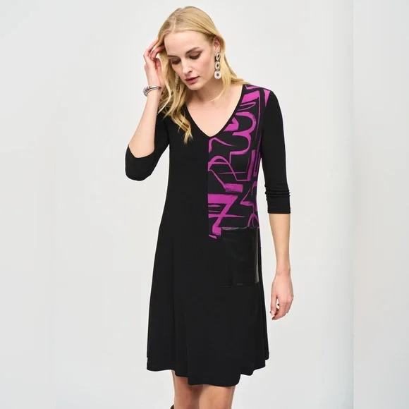 Joseph Ribkoff Black Empress Flare Dress Purple Leather Pocket Size 8  Trapeze - coffeafoods.com